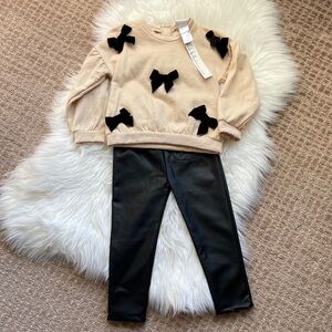 NWT Girls Bow-Accent Cream Top and Faux Leather Pants Set‎ - Size 3T